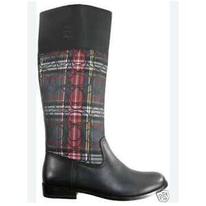 COACH CHRISSI SIGNATURE BLACK Leather Plaid Knee High Riding Boots Sz‎ 7